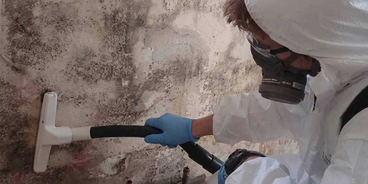 professional mold removal technician wearing protective equipment removing mold from a wall in Orlando, FL